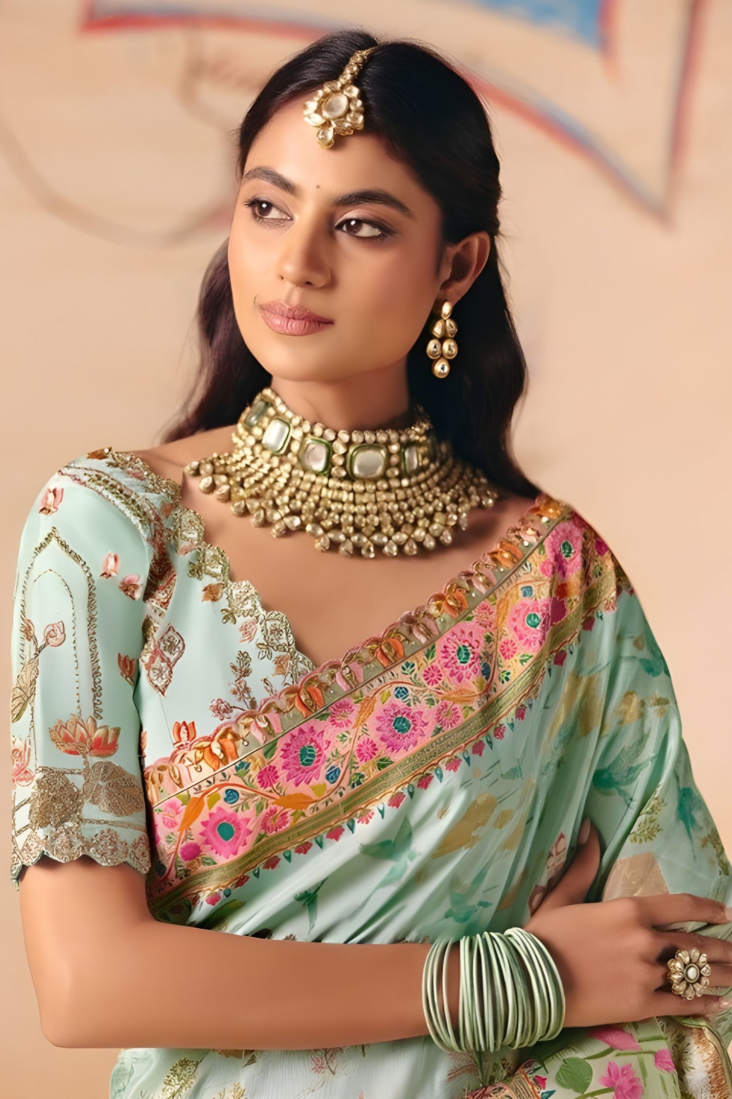 Designer Mint Green Silk Saree with Floral Zari Border Print Pallu