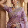 Lavender Organza Silk Saree with Heavy Embroidery Designer Border