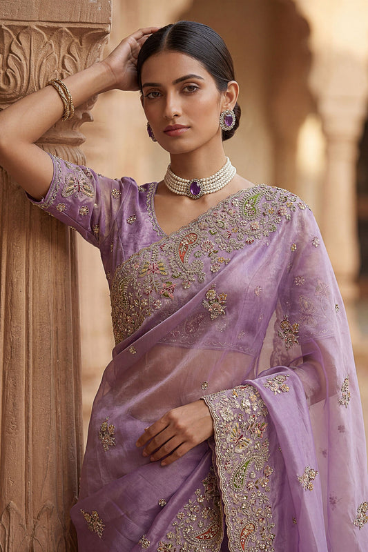 Lavender Organza Silk Saree with Heavy Embroidery Designer Border