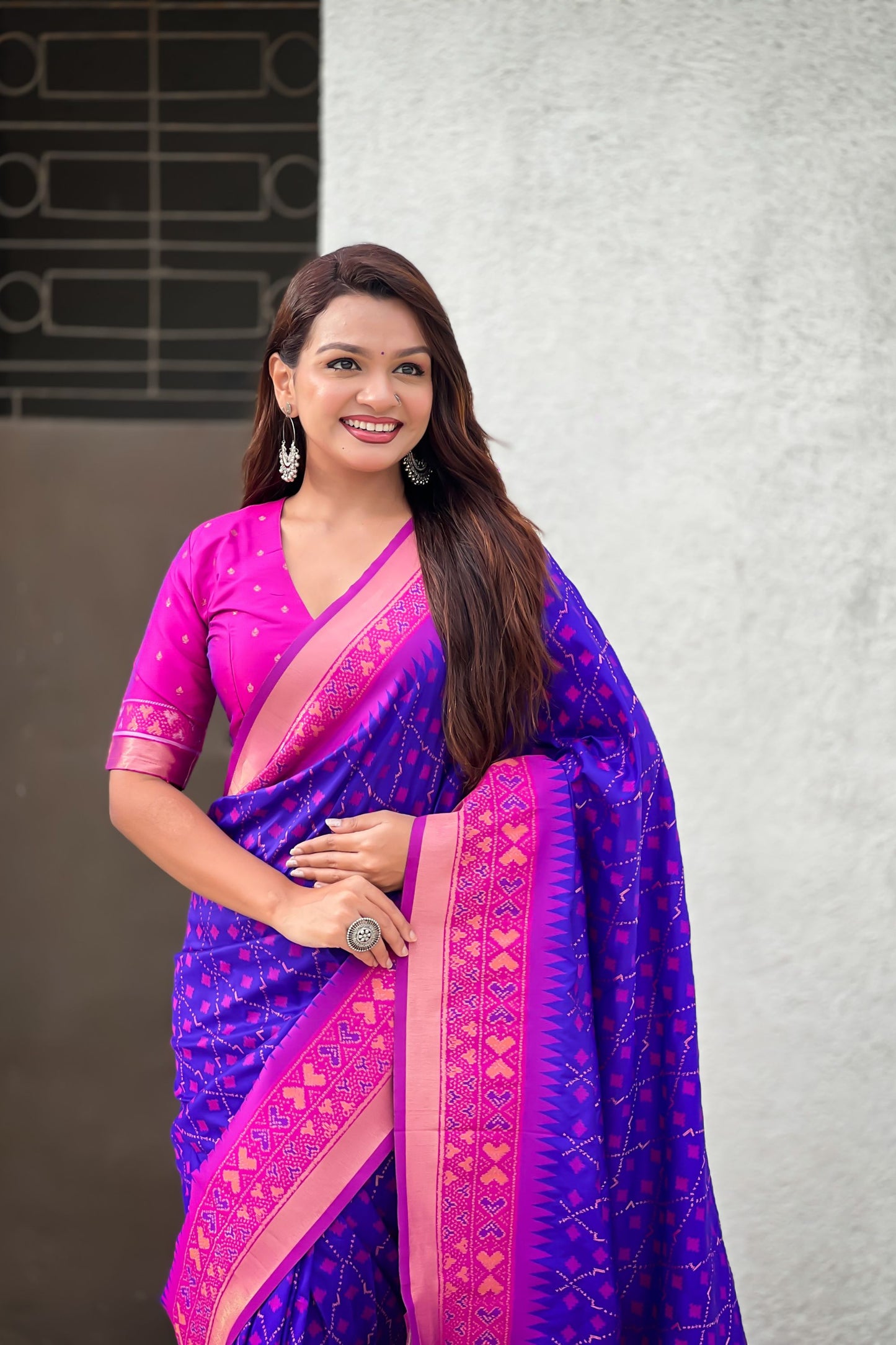 Royal Blue Saree with Rani Pink Contrast Border Traditional Printed Design
