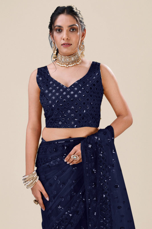 Navy Blue Net Saree with Heavy Sequins Embroidery Designer Blouse