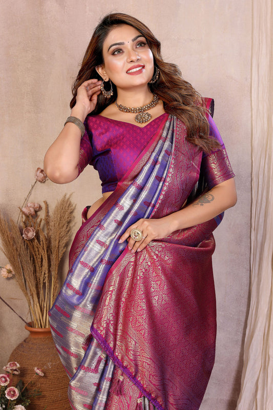 Silver Purple Banarasi Silk Saree with Rich Zari Weaving and Contrast Pallu