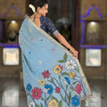 Sky Blue Linen Silk Saree with Multicolor Floral Print Woven Border