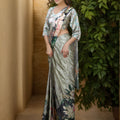 Green Satin Floral Print Saree with Designer Blouse Party Wear