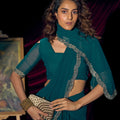 Teal Green Georgette Saree with Embroidered Border Designer Saree