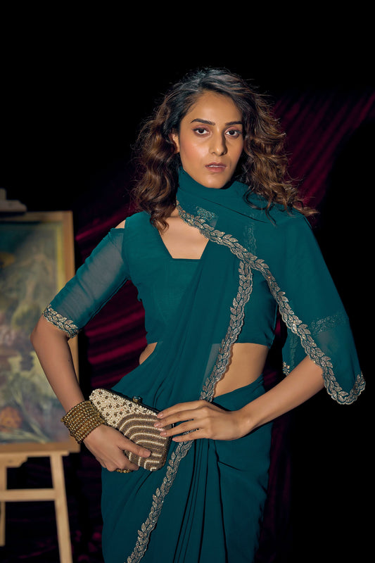 Teal Green Georgette Saree with Embroidered Border Designer Saree