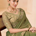 Olive Green Silk Saree with Designer Embroidered Border
