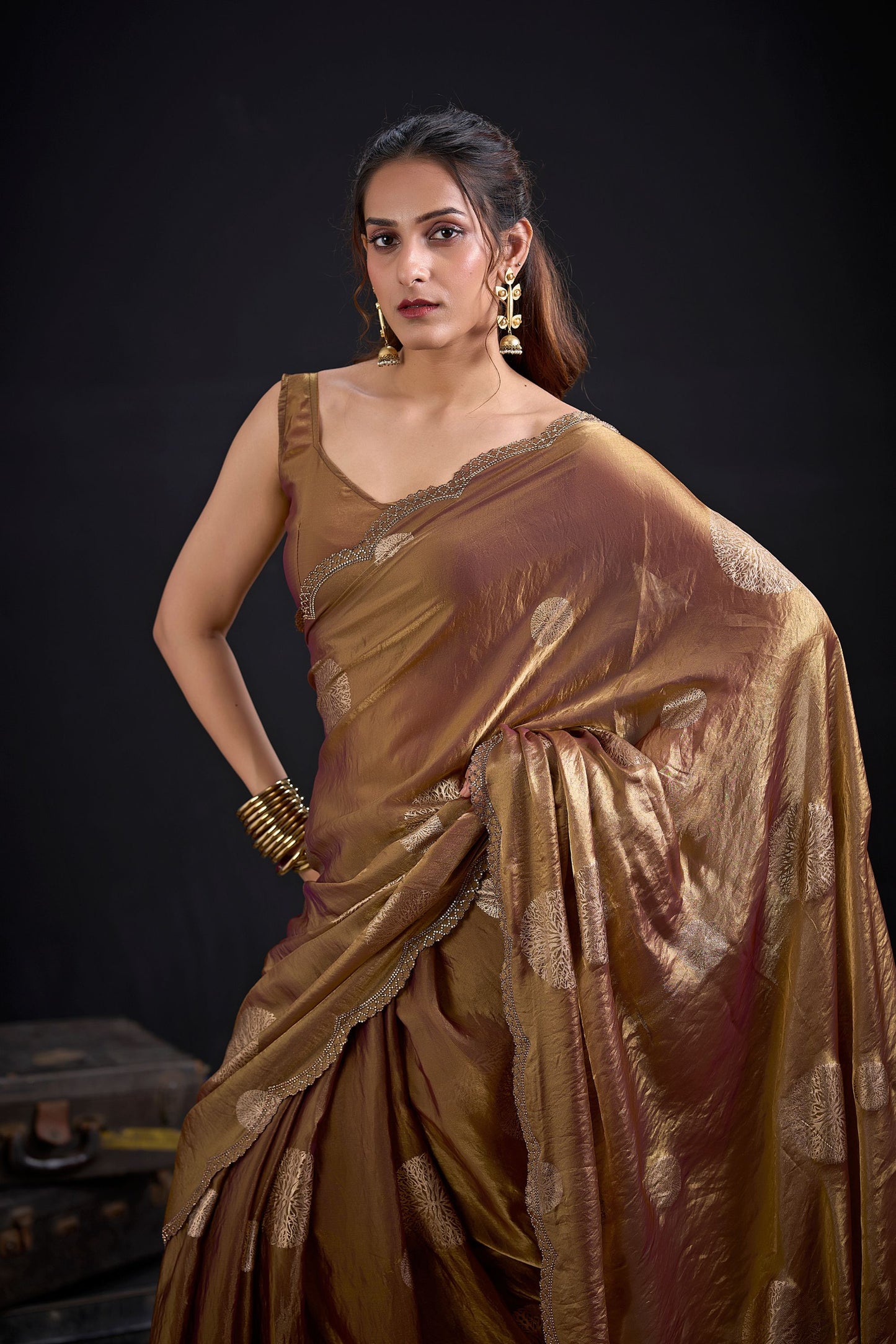 Bronze Gold Tissue Silk Saree with Zari Polka Butti Work