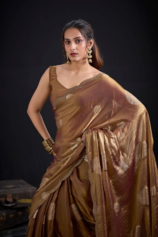 Bronze Gold Tissue Silk Saree with Zari Polka Butti Work