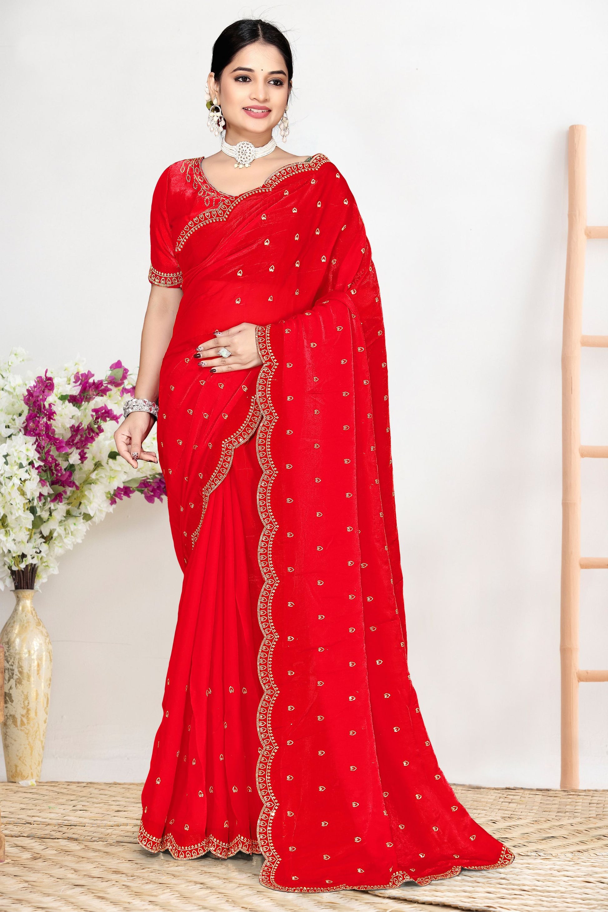 Red Silk Saree with Zari Embroidered Border Buti Design Blouse