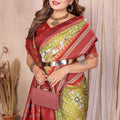 Olive Green Ikat Silk Saree with Rich Red Contrast Border Traditional Saree