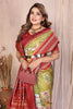 Olive Green Ikat Silk Saree with Rich Red Contrast Border Traditional Saree