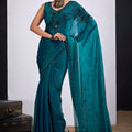 Teal Green Organza Saree Black Floral Embroidery Designer Saree
