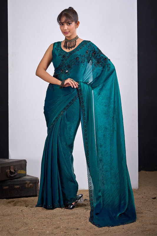 Teal Green Organza Saree Black Floral Embroidery Designer Saree
