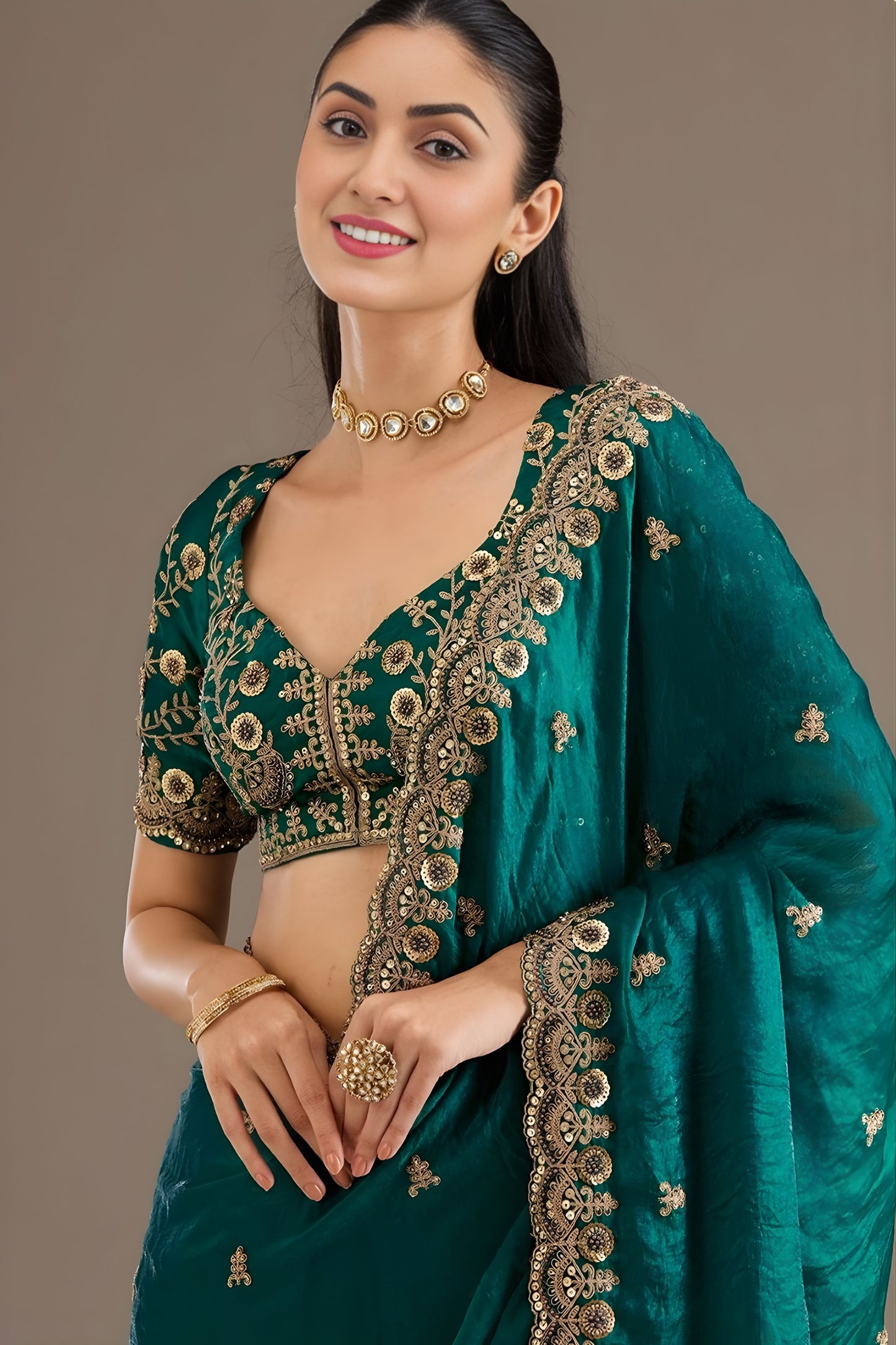 Green Silk Saree with Heavy Zari Embroidered Border Designer Blouse