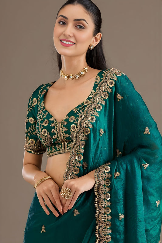 Green Silk Saree with Heavy Zari Embroidered Border Designer Blouse