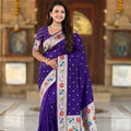Purple Paithani Silk Saree Multicolor Peacock Floral Woven Border