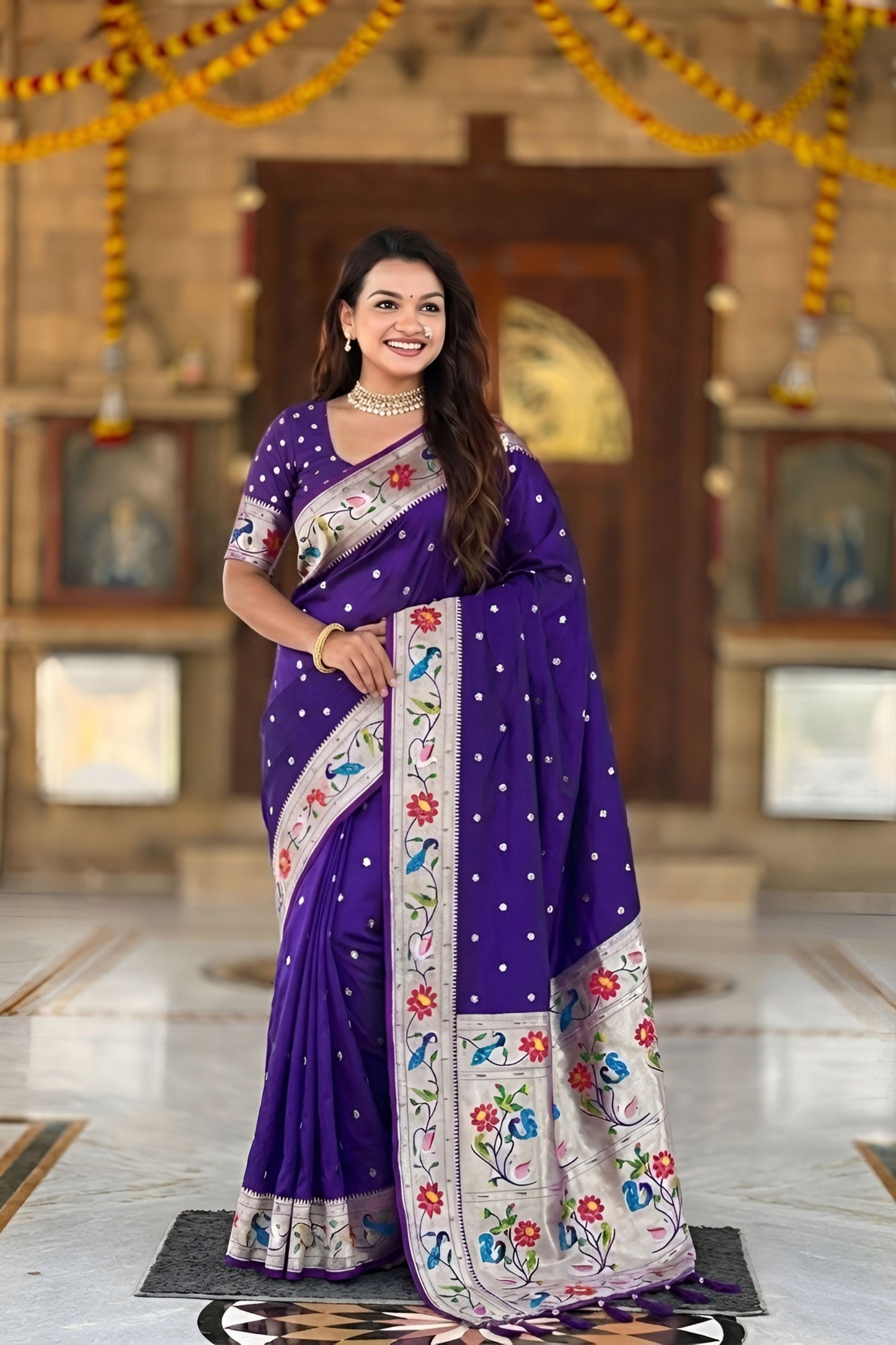 Purple Paithani Silk Saree Multicolor Peacock Floral Woven Border