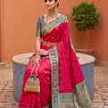 Red Silk Saree Green Gold Zari Woven Border Peacock Motifs Saree