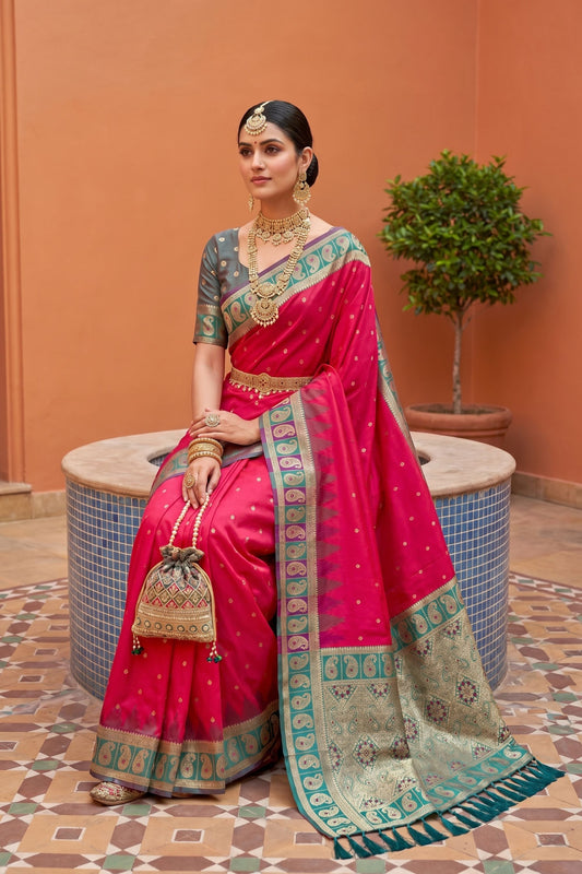 Red Silk Saree Green Gold Zari Woven Border Peacock Motifs Saree
