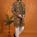 Handsome Olive Green Floral Printed Indo Western Sherwani With Designer Jacket