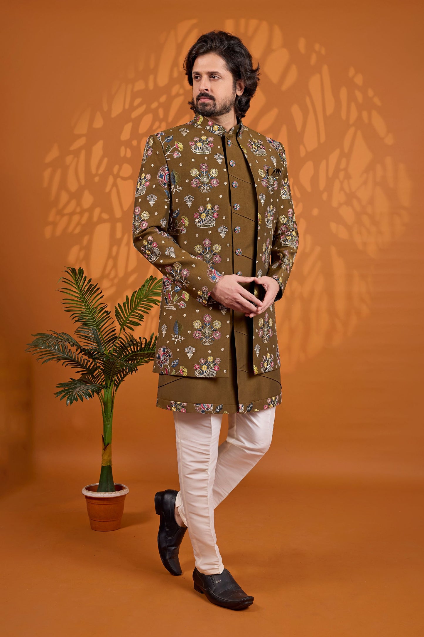 Handsome Olive Green Floral Printed Indo Western Sherwani With Designer Jacket