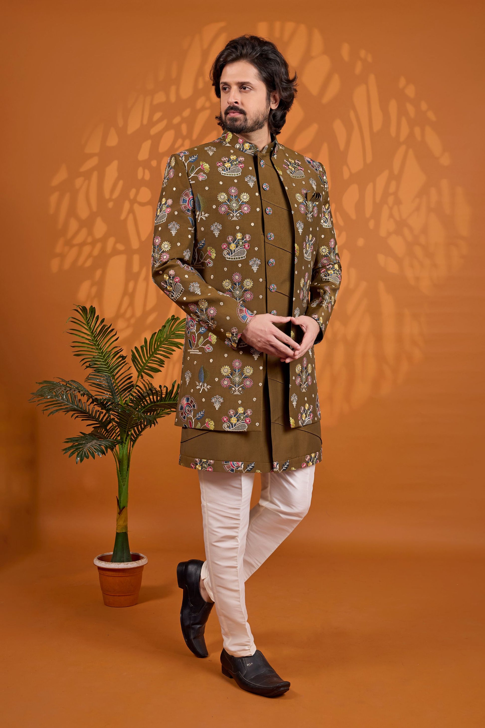 Handsome Olive Green Floral Printed Indo Western Sherwani With Designer Jacket
