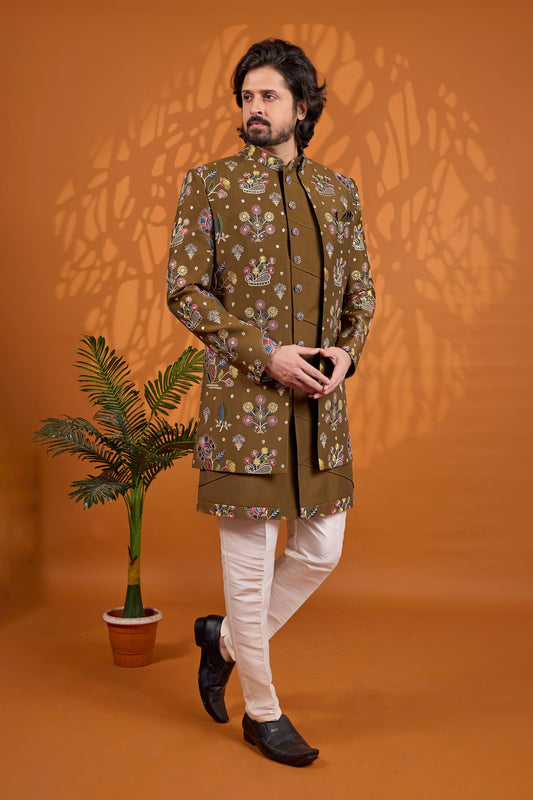 Handsome Olive Green Floral Printed Indo Western Sherwani With Designer Jacket