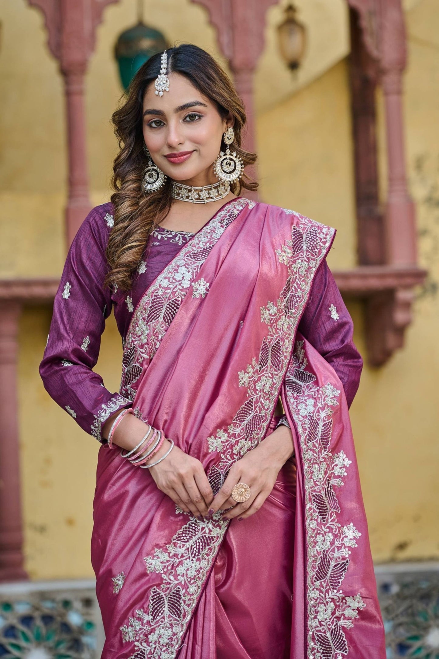 Designer Pink Silk Saree with Heavy Embroidered Border