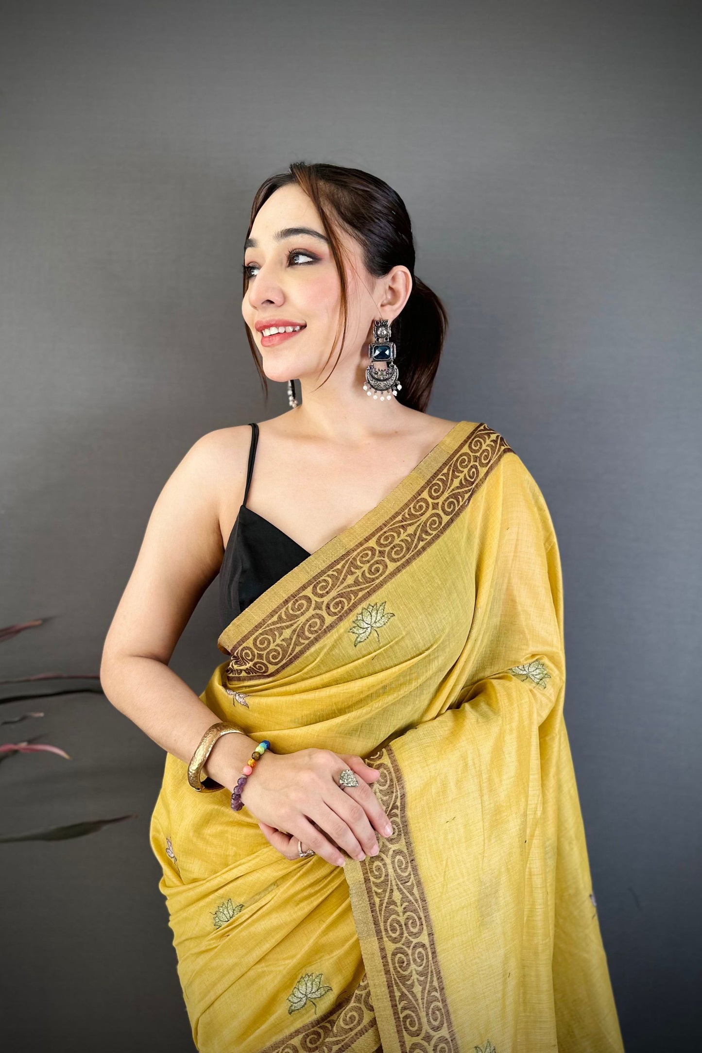 Mustard Yellow Linen Cotton Saree Artistic Elephant Print Pallu