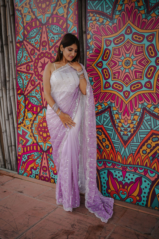 Lavender White Ombre Saree Sequin Designer Border Party Wear Saree