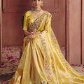 Luxury Mustard Yellow Silk Saree Heavy Floral Embroidered Border