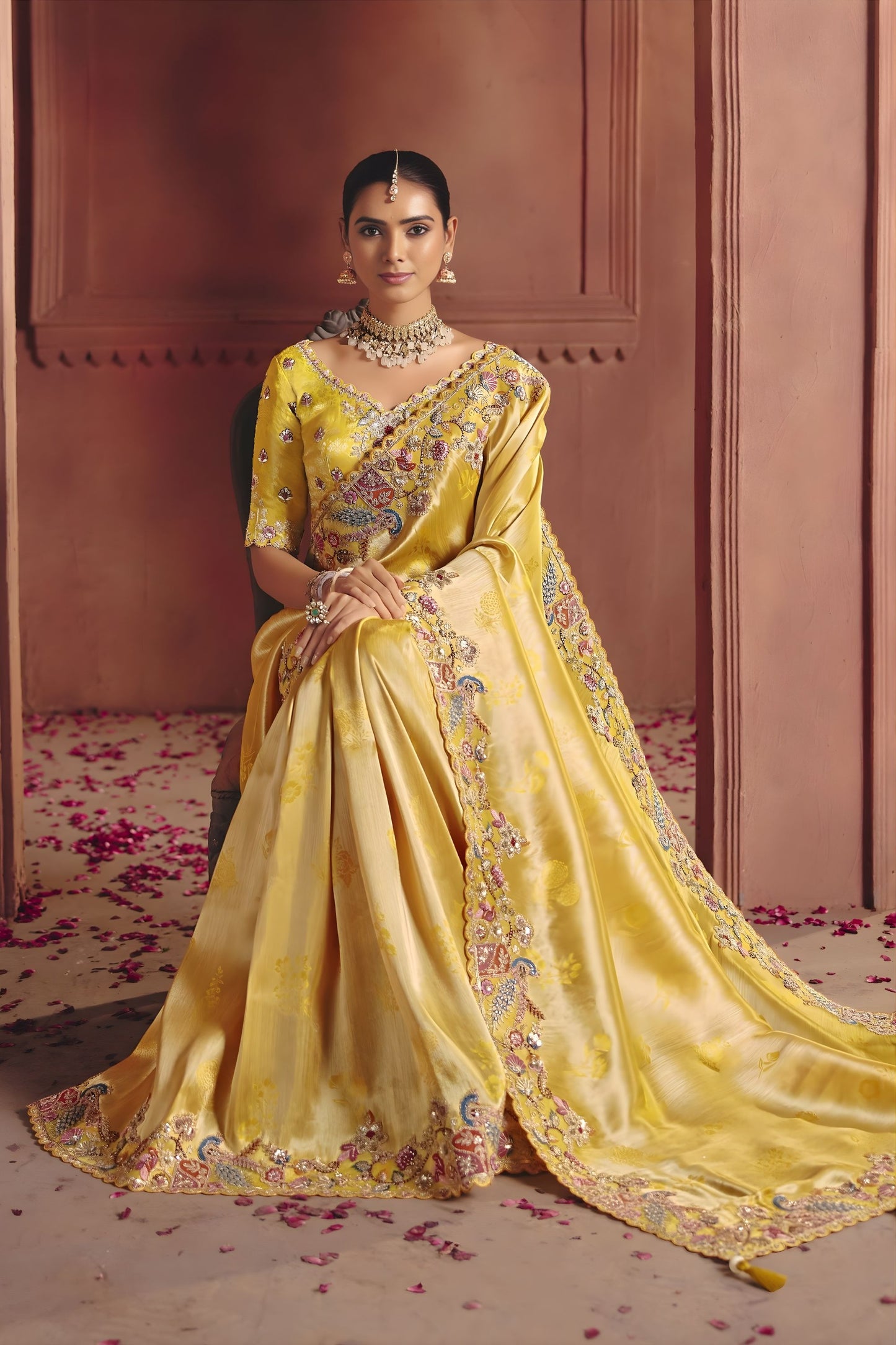 Luxury Mustard Yellow Silk Saree Heavy Floral Embroidered Border