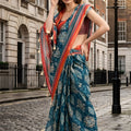 Teal Blue Ikat Printed Cotton Saree with Coral Border and Tassel Pallu