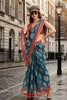 Teal Blue Ikat Printed Cotton Saree with Coral Border and Tassel Pallu