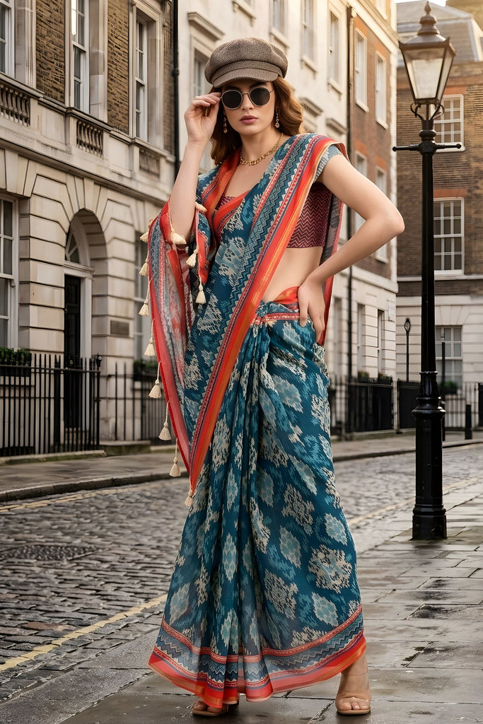 Teal Blue Ikat Printed Cotton Saree with Coral Border and Tassel Pallu