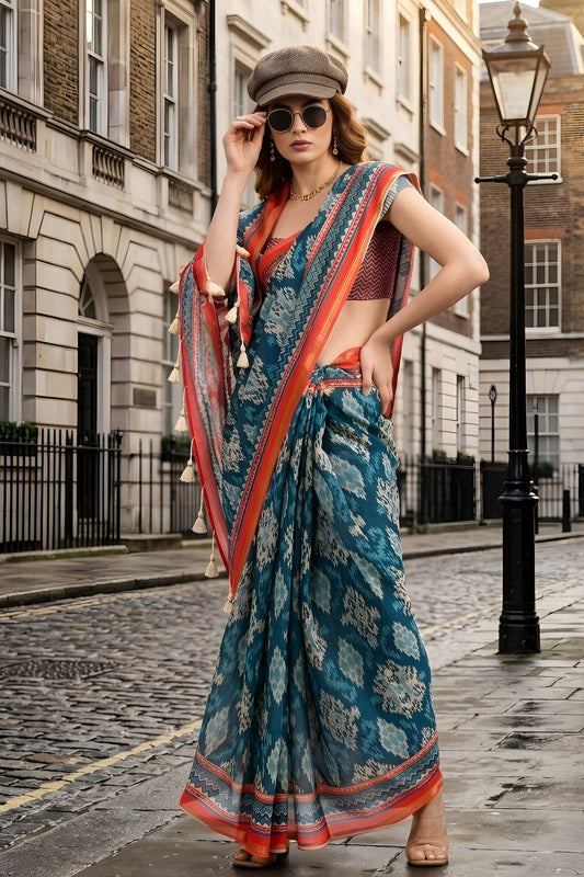 Teal Blue Ikat Printed Cotton Saree with Coral Border and Tassel Pallu