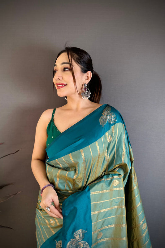 Teal Blue Banarasi Silk Saree with Rich Gold Zari Weaving Tassel Pallu