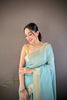 Sky Blue Linen Silk Saree with Golden Zari Border Tassel Pallu