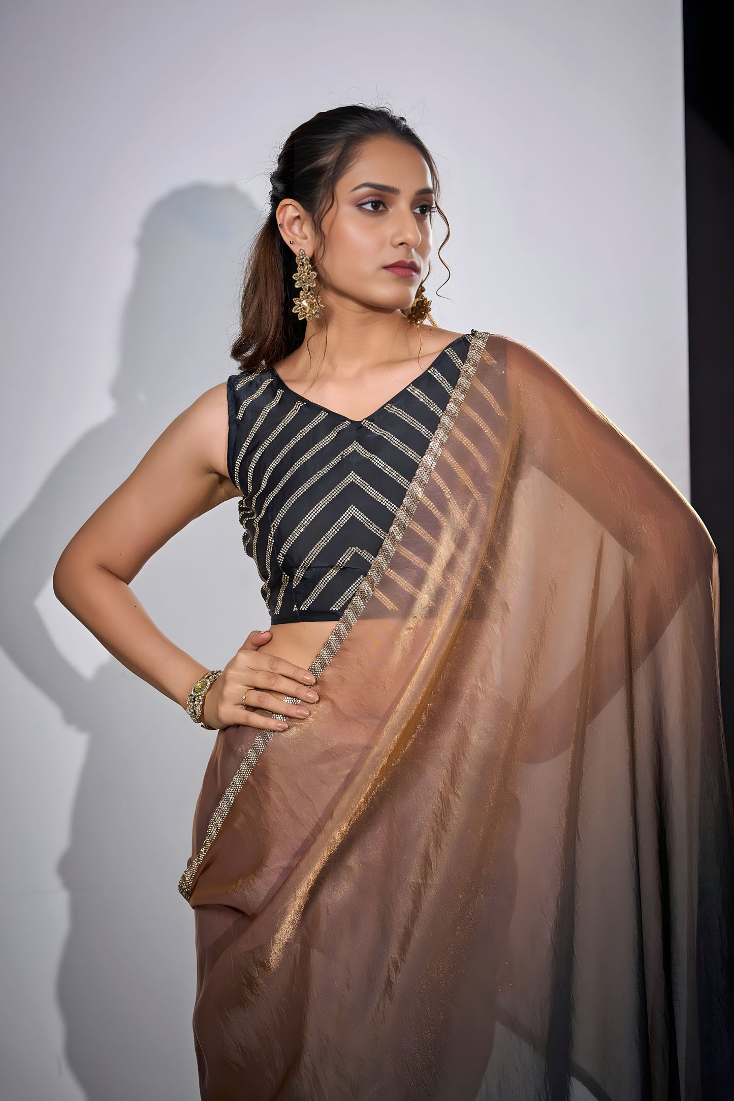 Elegant Black Copper Dual Tone Saree with Designer Border