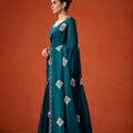 Dark Teal Embroidered Georgette Saree Floral Motifs Designer Border