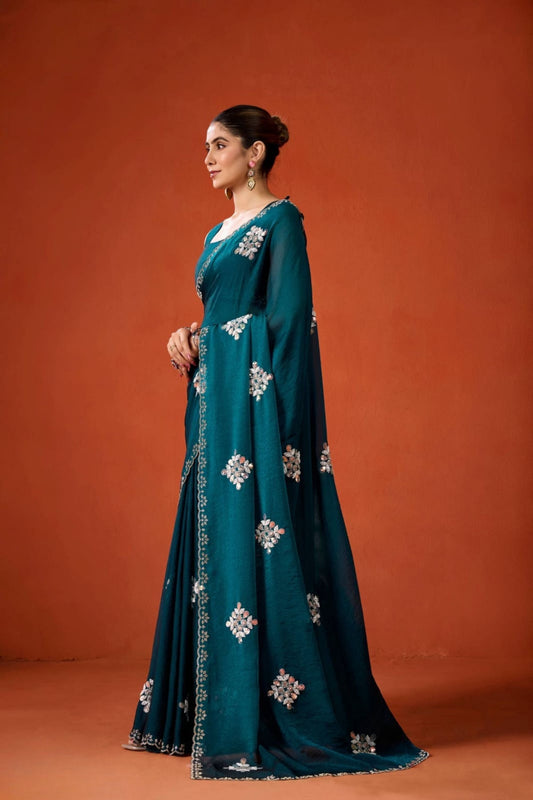 Dark Teal Embroidered Georgette Saree Floral Motifs Designer Border