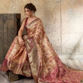 Royal Beige Banarasi Silk Saree with Pink Zari Border Floral Weaving Saree