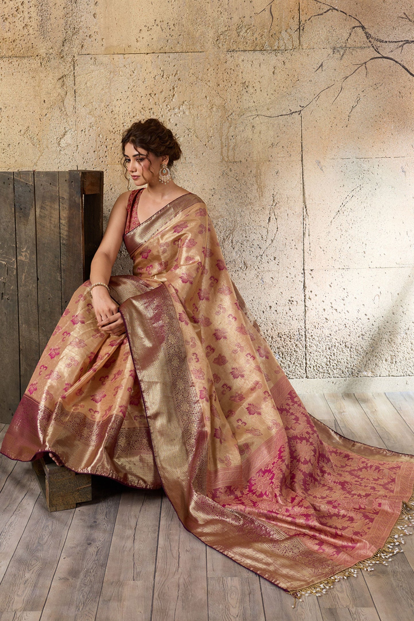 Royal Beige Banarasi Silk Saree with Pink Zari Border Floral Weaving Saree