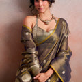 Grey Silk Saree with Golden Zari Polka Dot Weaving Designer Saree