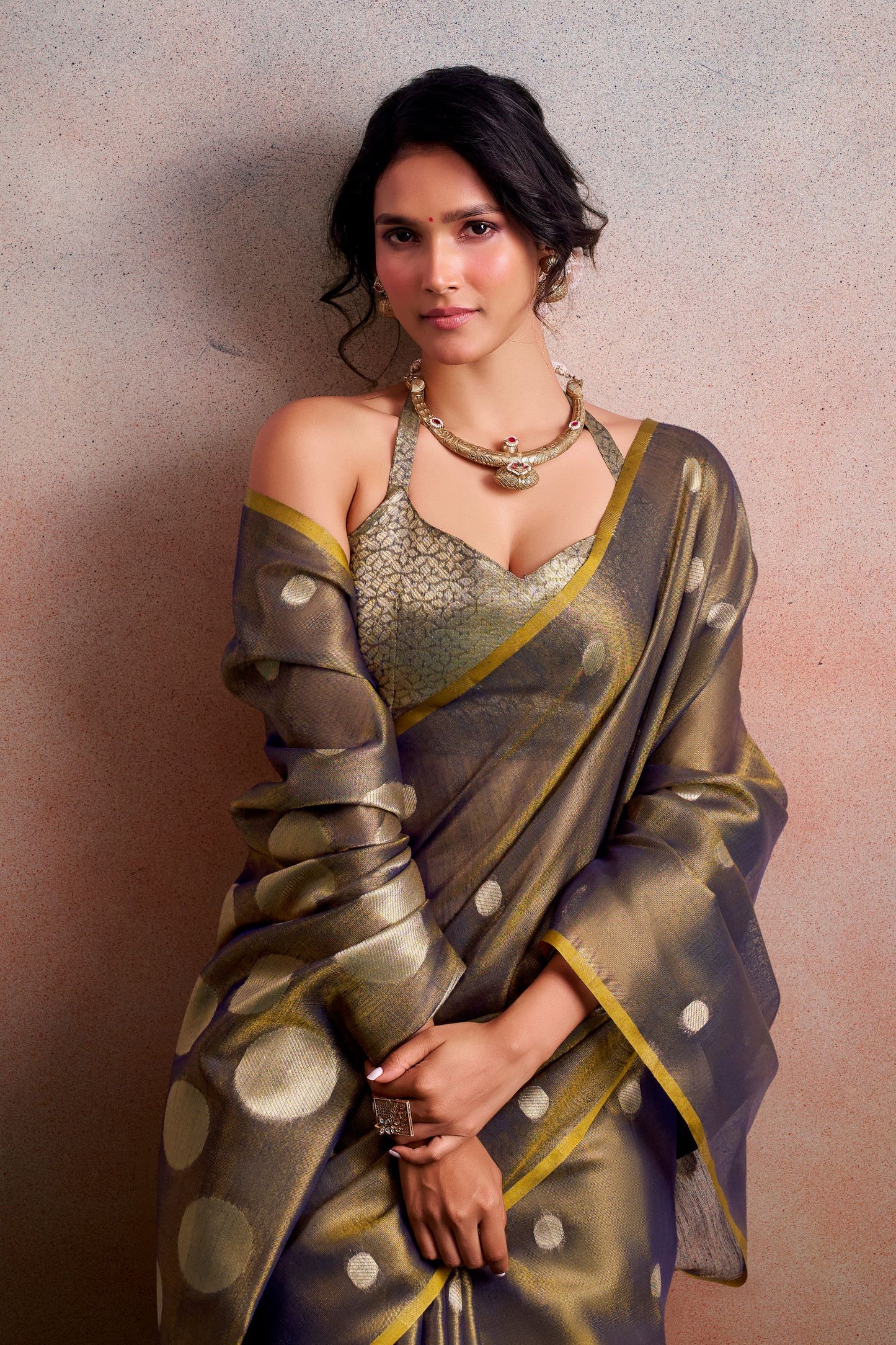 Grey Silk Saree with Golden Zari Polka Dot Weaving Designer Saree