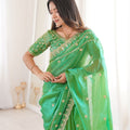 Luxury Parrot Green Organza Silk Saree with Golden Embroidered Border