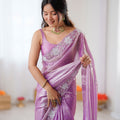 Lavender Soft Silk Saree with Silver Floral Embroidery Border Matching Blouse