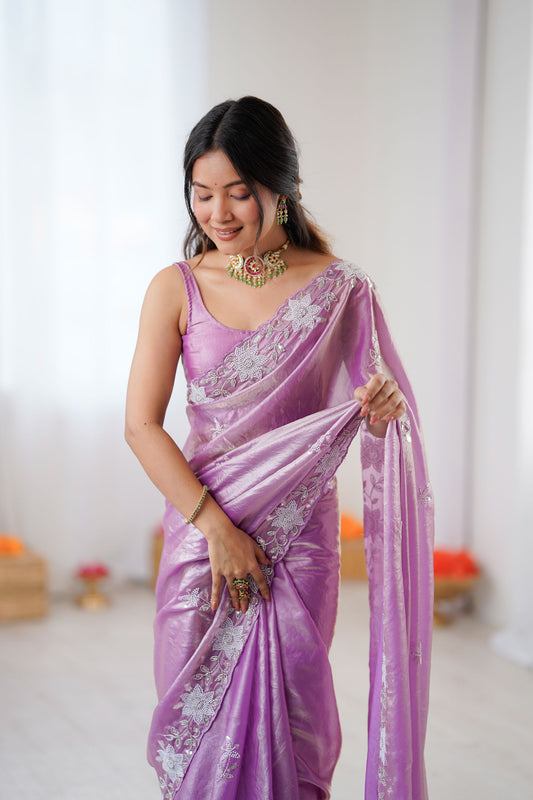 Lavender Soft Silk Saree with Silver Floral Embroidery Border Matching Blouse