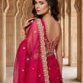Rani Pink Organza Saree Golden Embroidered Border Designer Blouse